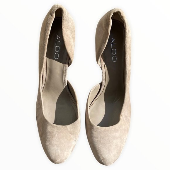 Aldo Suede Leather Tan Beige D'Orsay Pumps Size 37 or 6.5 Round Toe 3 Inch Heels - Picture 9 of 12
